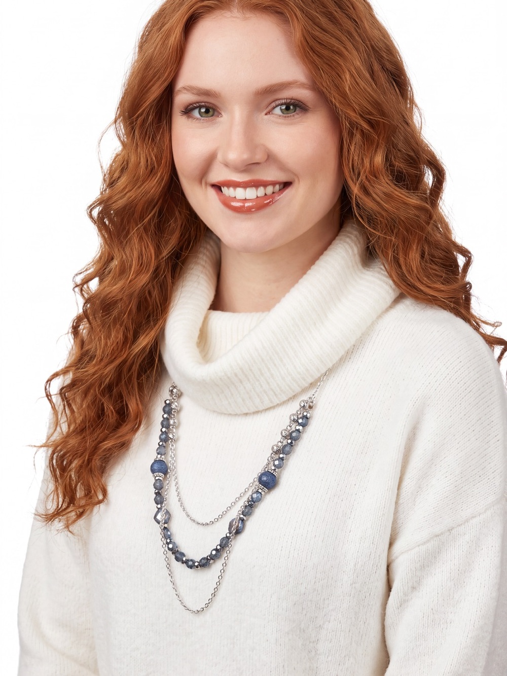 Layered Blue Bead & Chain Necklace - Elegant Multi-Strand Style